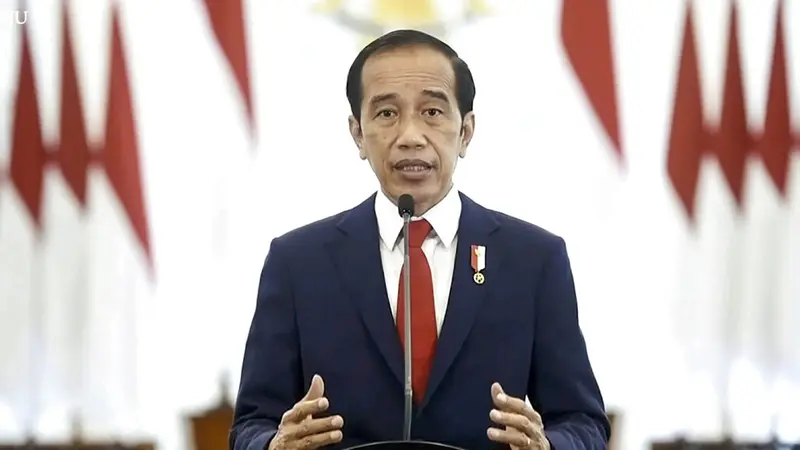 Presiden Indonesia Joko Widodo atau Jokowi menyampaikan pidato secara virtual di Sidang Majelis Umum PBB, Rabu (22/9/2021). Jokowi menyebut potensi kekerasan dan marjinalisasi perempuan di Afghanistan, kemerdekaan Palestina, dan krisis politik Myanmar harus jadi fokus bersama.